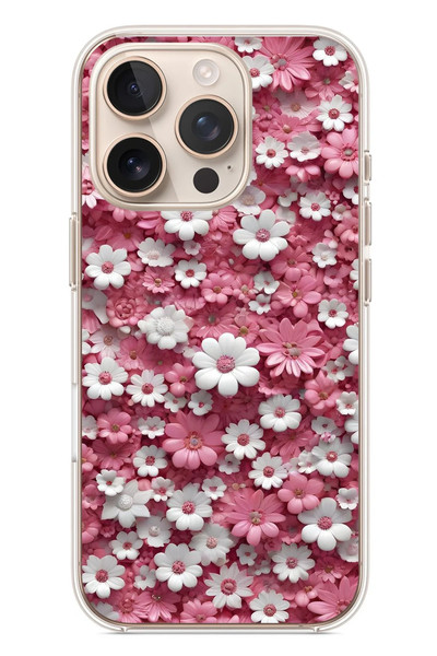 Le Balvo iPhone 16 Pro Uyumlu Beyaz Pembe Papatyalar Baskılı Silikon Kılıf