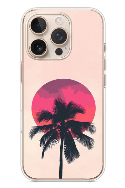 Le Balvo iPhone 16 Pro Uyumlu Palmiye Kırmızı Ay Baskılı Silikon Kılıf