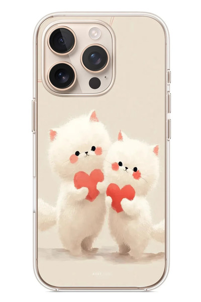 Le Balvo iPhone 16 Pro Uyumlu Kalpli Beyaz Kediler Baskılı Silikon Kılıf