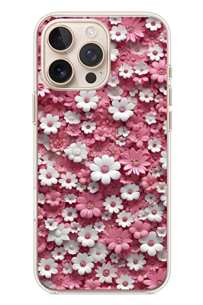 Le Balvo iPhone 16 Pro Max Uyumlu Beyaz Pembe Papatyalar Baskılı Silikon Kılıf