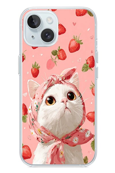 Le Balvo iPhone 15 Uyumlu Örtülü Kedi Çilekli Baskılı Silikon Kılıf