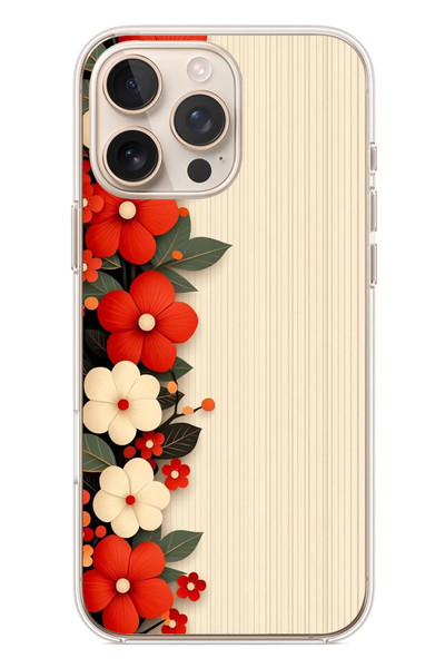 Le Balvo iPhone 16 Pro Max Uyumlu Kırmızı Beyaz Çiçekler Baskılı Silikon Kılıf