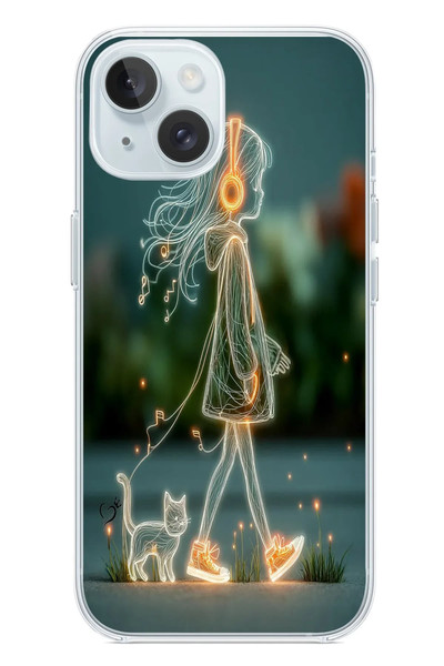 Le Balvo iPhone 15 Uyumlu Kedili Neon Kız Baskılı Silikon Kılıf