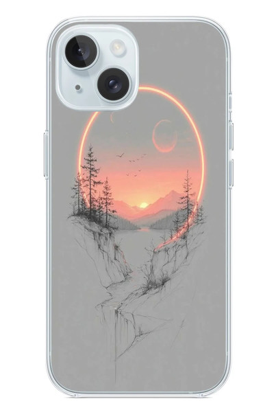 Le Balvo iPhone 15 Uyumlu Günbatımı Mermer Desenli Baskılı Silikon Kılıf