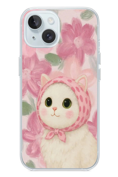 Le Balvo iPhone 15 Uyumlu Pembe Örtülü Kedi Baskılı Silikon Kılıf