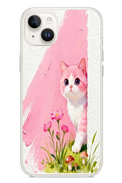 Le Balvo iPhone 14 Plus Uyumlu Pembeli Kedi Baskılı Silikon Kılıf