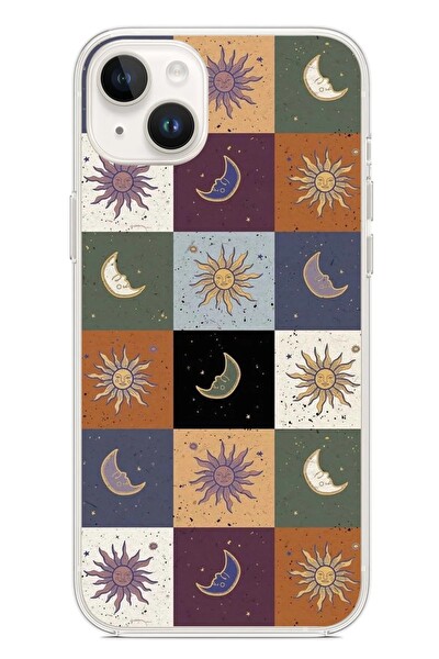 Le Balvo iPhone 14 Plus Uyumlu Ay Güneş Retro Baskılı Silikon Kılıf