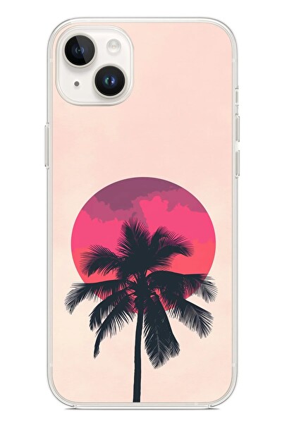 Le Balvo iPhone 14 Plus Uyumlu Palmiye Kırmızı Ay Baskılı Silikon Kılıf