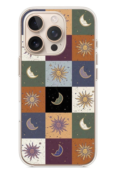 Le Balvo iPhone 16 Pro Uyumlu Ay Güneş Retro Baskılı Silikon Kılıf