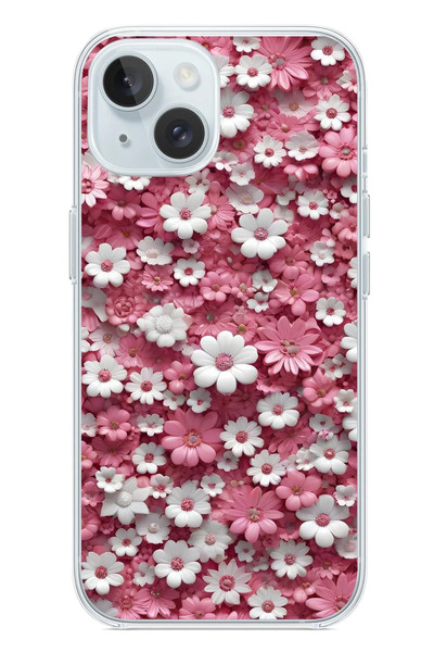 Le Balvo iPhone 15 Uyumlu Beyaz Pembe Papatyalar Baskılı Silikon Kılıf