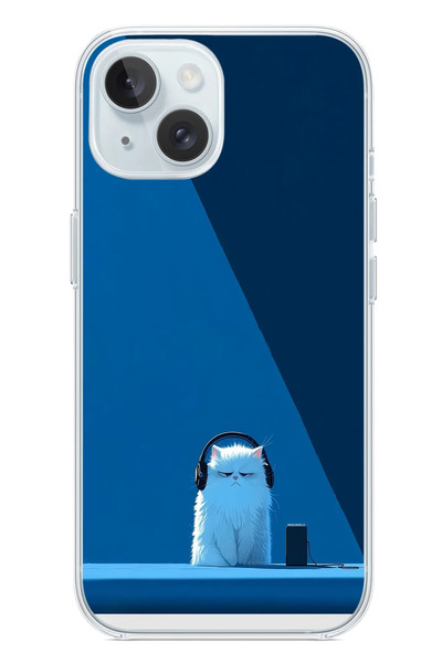 Le Balvo iPhone 15 Uyumlu Kulaklı Kedi Baskılı Silikon Kılıf