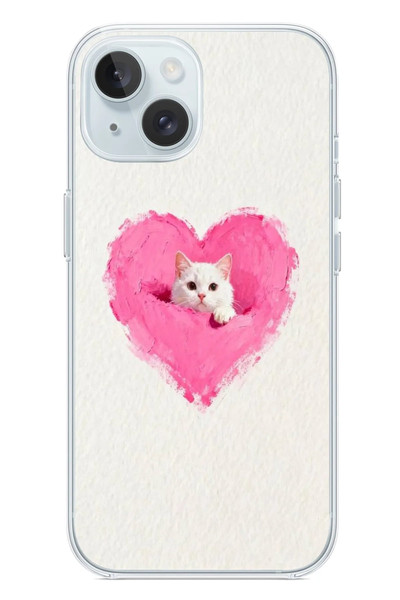 Le Balvo iPhone 15 Uyumlu Pembe Kalpli Kedi Baskılı Silikon Kılıf