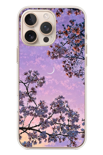 Le Balvo iPhone 16 Pro Max Uyumlu Mor Gökyüzülü Ağaç Baskılı Silikon Kılıf