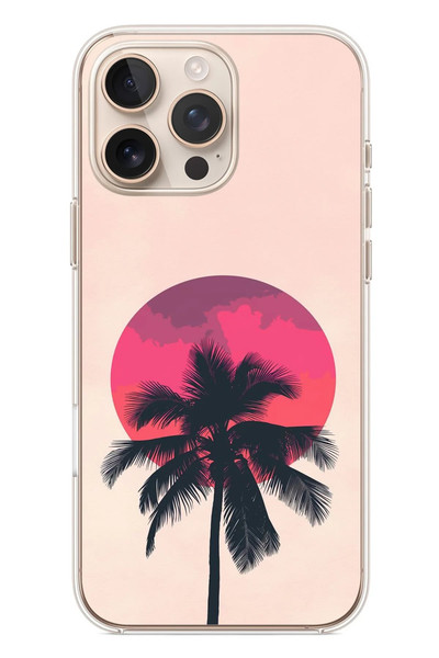 Le Balvo iPhone 16 Pro Max Uyumlu Palmiye Kırmızı Ay Baskılı Silikon Kılıf