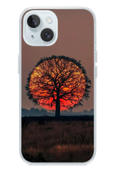 Le Balvo iPhone 15 Uyumlu Güneşe Denk Gelen Ağaç Baskılı Silikon Kılıf