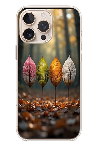 Le Balvo iPhone 16 Pro Max Uyumlu Dört Mevsim Yaprakları Baskılı Silikon Kılıf