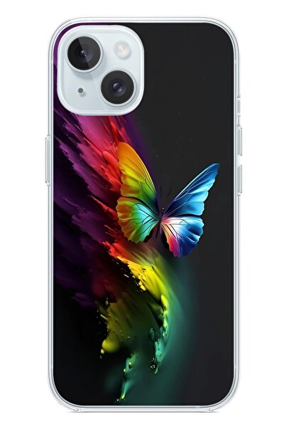 Le Balvo iPhone 15 Uyumlu Gökkuşağı Kelebeği Baskılı Silikon Kılıf