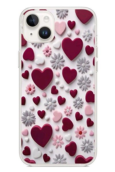 Le Balvo iPhone 14 Plus Uyumlu Kırmızı ve Pembe Kalpler Baskılı Silikon Kılıf