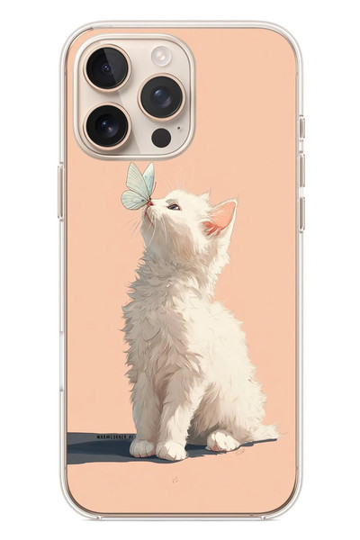 Le Balvo iPhone 16 Pro Max Uyumlu Beyaz Kelebekli Kedi Baskılı Silikon Kılıf