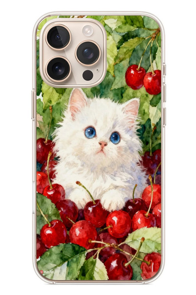 Le Balvo iPhone 16 Pro Max Uyumlu Kirazlı Kedi Baskılı Silikon Kılıf