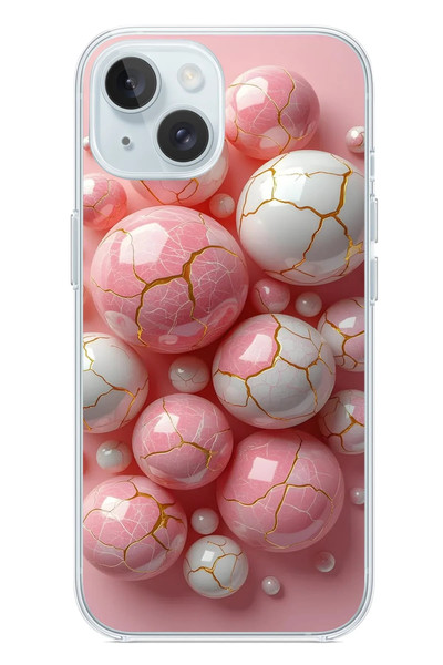 Le Balvo iPhone 15 Uyumlu Pembe Beyaz Kırık Toplar Baskılı Silikon Kılıf