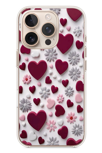 Le Balvo iPhone 16 Pro Uyumlu Kırmızı ve Pembe Kalpler Baskılı Silikon Kılıf