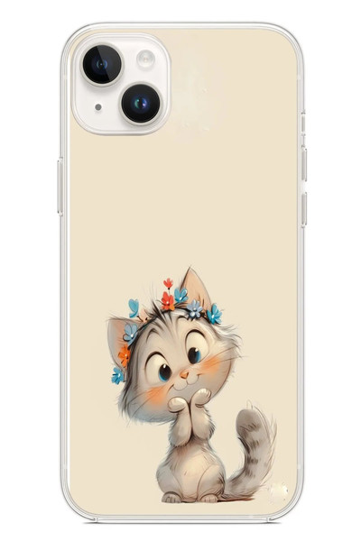 Le Balvo iPhone 14 Plus Uyumlu Sevimli Çiçekli Kedi Baskılı Silikon Kılıf
