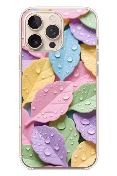 Le Balvo iPhone 16 Pro Max Uyumlu Pastel Damlalıklı Yapraklar Baskılı Silikon Kılıf
