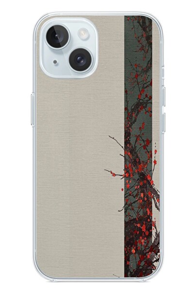Le Balvo iPhone 15 Uyumlu Sade Sonbahar Sarmaşık Baskılı Silikon Kılıf