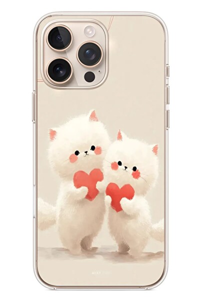 Le Balvo iPhone 16 Pro Max Uyumlu Kalpli Beyaz Kediler Baskılı Silikon Kılıf