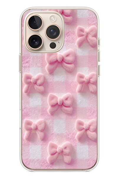 Le Balvo iPhone 16 Pro Max Uyumlu Pembe Kurdeleler Baskılı Silikon Kılıf
