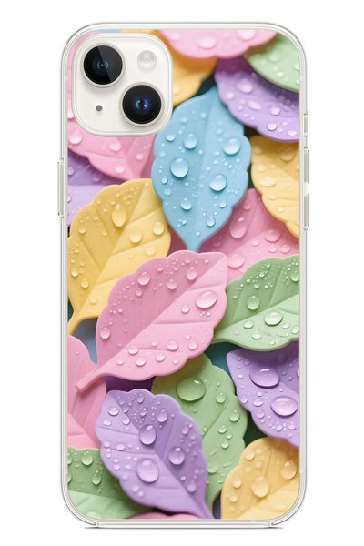 Le Balvo iPhone 14 Plus Uyumlu Pastel Damlalıklı Yapraklar Baskılı Silikon Kılıf