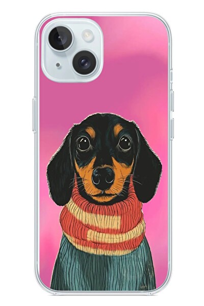 Le Balvo iPhone 15 Uyumlu Sevimli Siyah Köpek Baskılı Silikon Kılıf