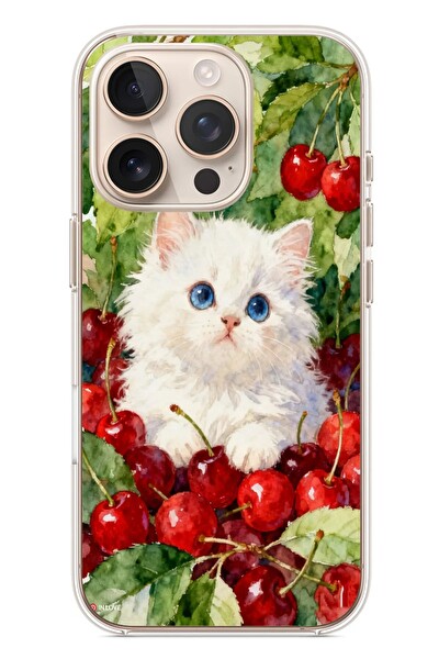 Le Balvo iPhone 16 Pro Uyumlu Kirazlı Kedi Baskılı Silikon Kılıf