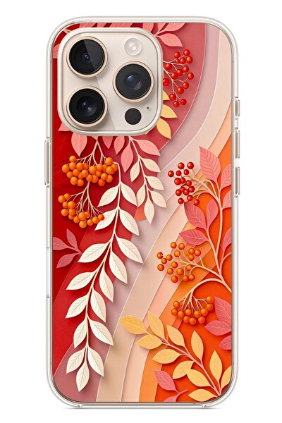 Le Balvo iPhone 16 Pro Uyumlu Kırmızı Beyaz İğdeler Baskılı Silikon Kılıf