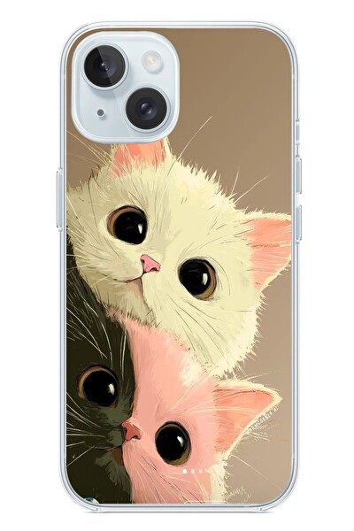 Le Balvo iPhone 15 Uyumlu Pembe Siyah Beyaz Kedi Baskılı Silikon Kılıf