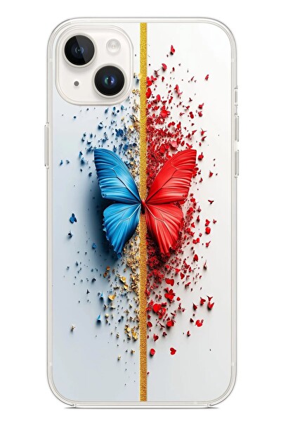 Le Balvo iPhone 14 Plus Uyumlu Kırmızı Mavi Kelebek Baskılı Silikon Kılıf