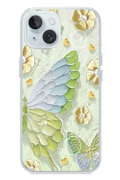 Le Balvo iPhone 15 Uyumlu Yeşil Mavi Kelebek Baskılı Silikon Kılıf