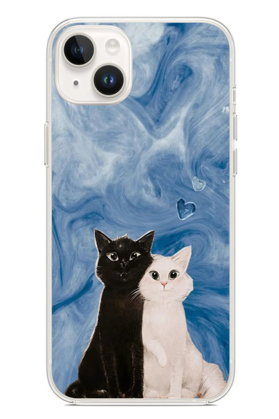 Le Balvo iPhone 14 Plus Uyumlu Siyah ve Beyaz Kedi Baskılı Silikon Kılıf