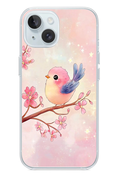 Le Balvo iPhone 15 Uyumlu Dalda ki Kuş Baskılı Silikon Kılıf