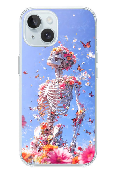 Le Balvo iPhone 15 Uyumlu İskelet Çiçekleri Baskılı Silikon Kılıf