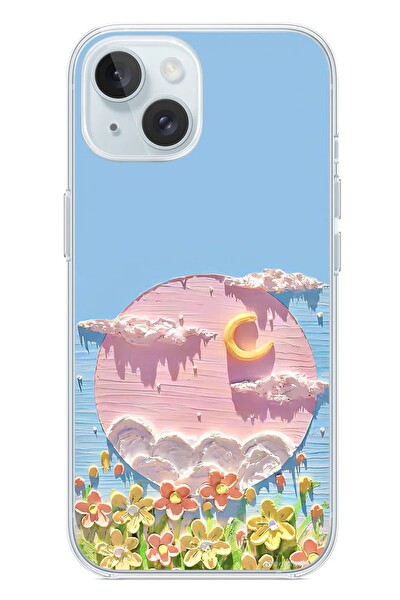 Le Balvo iPhone 15 Uyumlu Çiçekli Ay Baskılı Silikon Kılıf