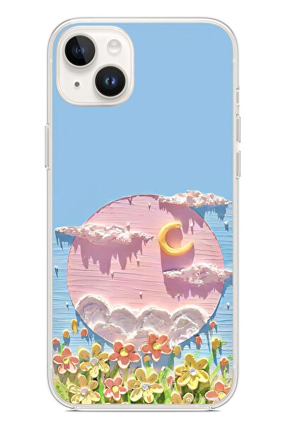Le Balvo iPhone 14 Plus Uyumlu Çiçekli Ay Baskılı Silikon Kılıf