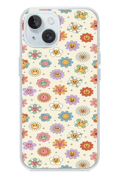 Le Balvo iPhone 15 Uyumlu Gülen Çiçekler Baskılı Silikon Kılıf