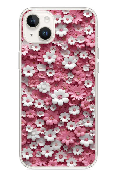 Le Balvo iPhone 14 Plus Uyumlu Beyaz Pembe Papatyalar Baskılı Silikon Kılıf