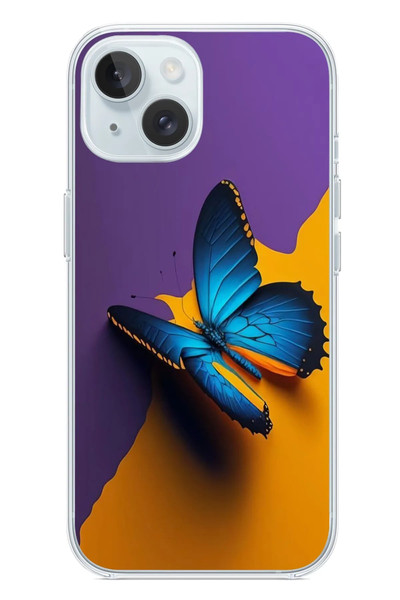 Le Balvo iPhone 15 Uyumlu Mavi Kelebek Baskılı Silikon Kılıf
