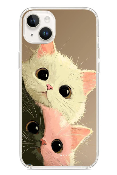 Le Balvo iPhone 14 Plus Uyumlu Pembe Siyah Beyaz Kedi Baskılı Silikon Kılıf