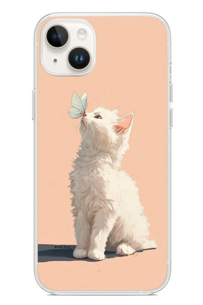 Le Balvo iPhone 14 Plus Uyumlu Beyaz Kelebekli Kedi Baskılı Silikon Kılıf