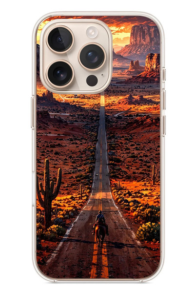 Le Balvo iPhone 16 Pro Uyumlu Kovboy Yolda Baskılı Silikon Kılıf