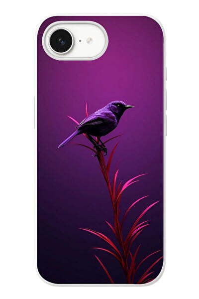 Le Balvo iPhone 16e Uyumlu Mor Kuş Dalda Baskılı Silikon Kılıf